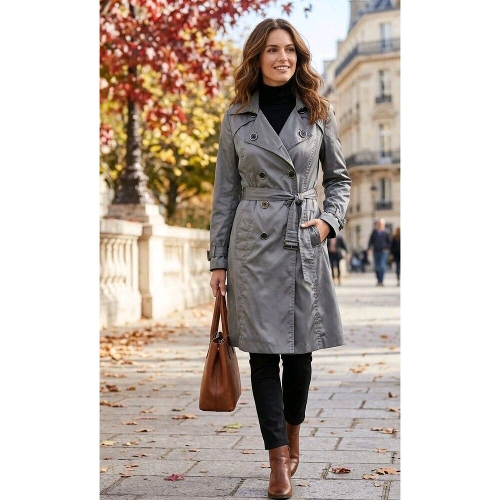 Elegant East 5th Grey Double Breasted Trench Coat  Womens  SZ M Classic Fall Sty